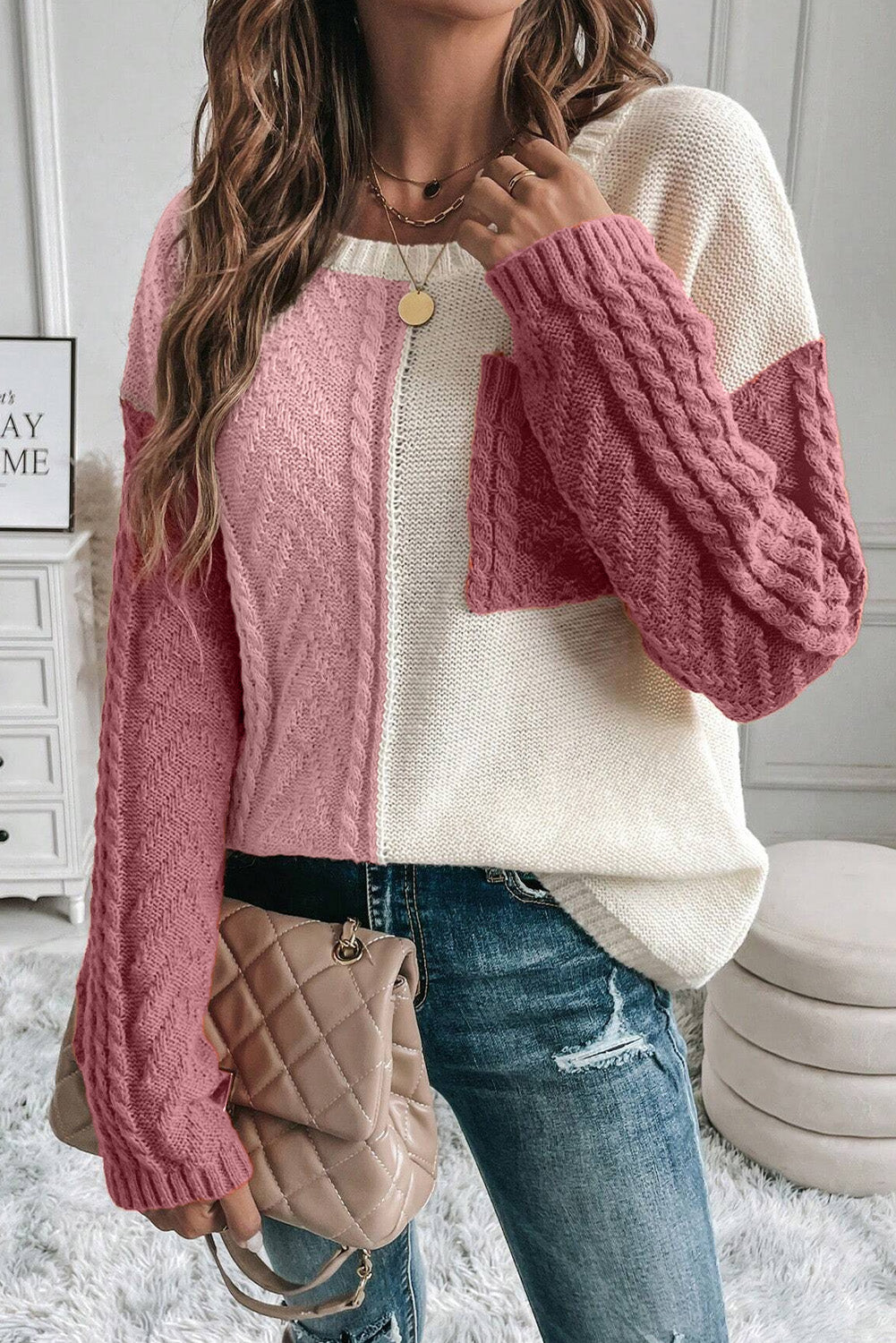 Color Block Round Neck Long Sleeve Sweater