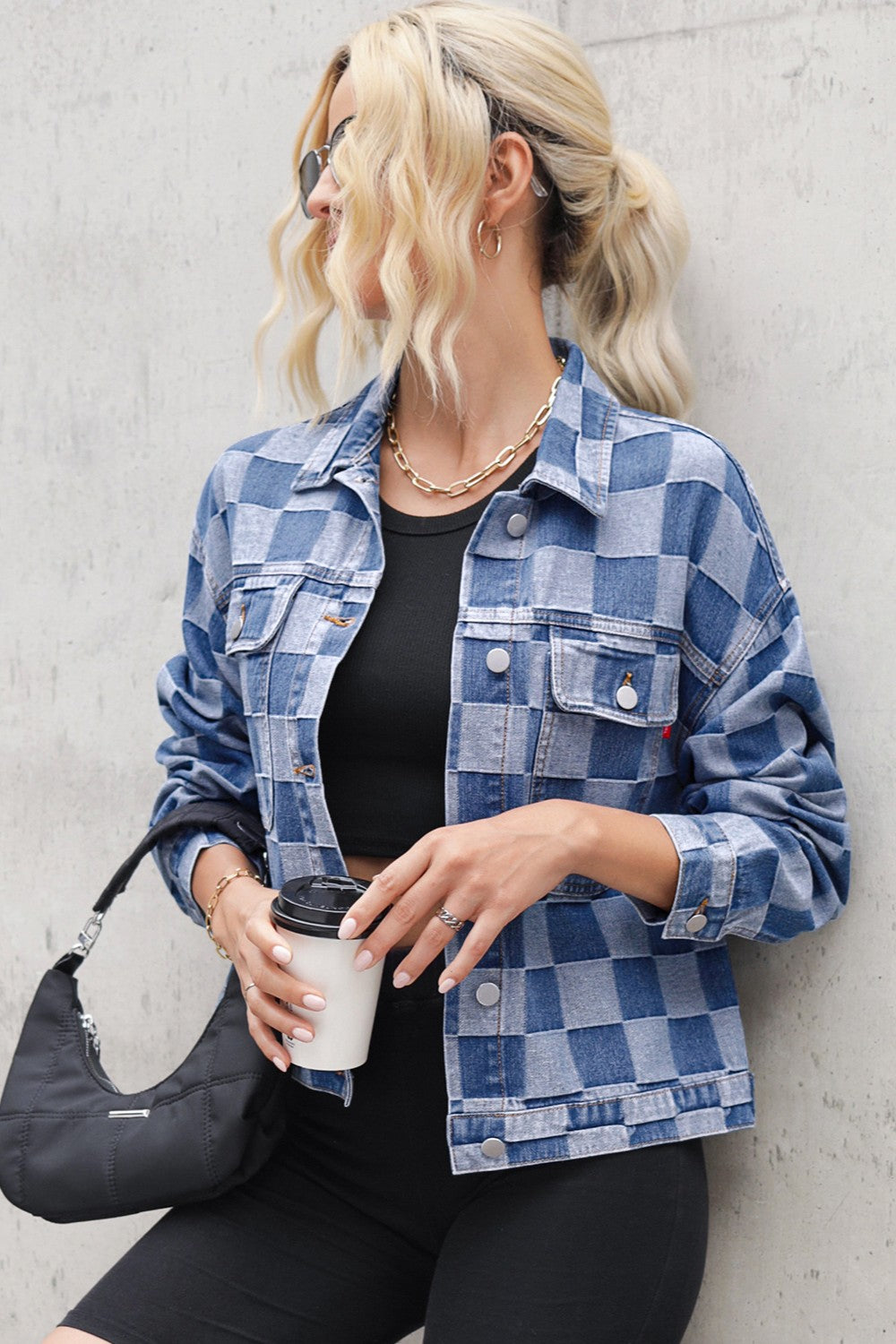 Checkered Button Up Long Sleeve Denim Jacket